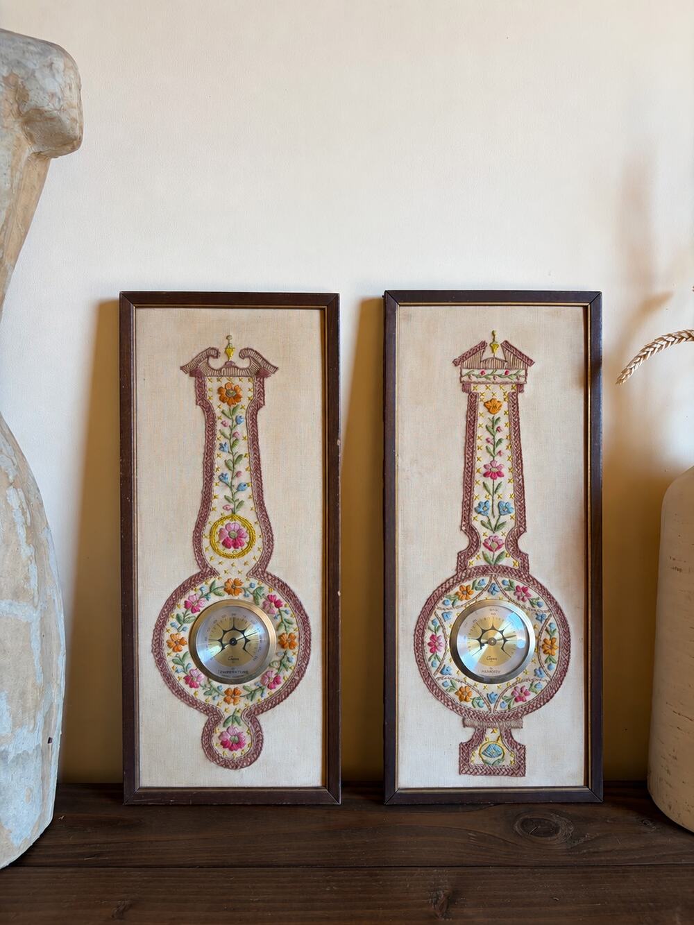 Vtg 70s Bucilla Crewel Floral Embroidery Thermometer Hygrometer Cottagecore Boho